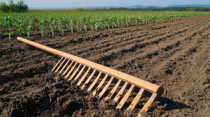 A wooden rake rests in a freshly tilled field, beside rows of young plants