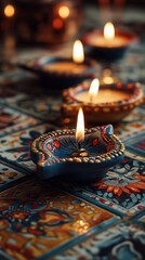 Traditional diyas shining brightly on decorated tiles, celebrating the spirit of Diwali
