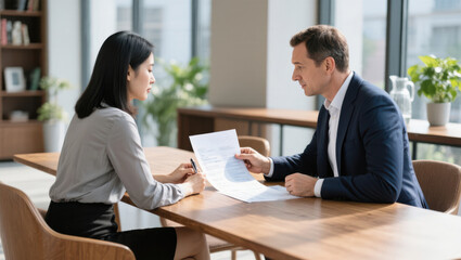 Business meeting office professional discussion document negotiation formal teamwork collaboration daytime. Two colleagues modern office discuss