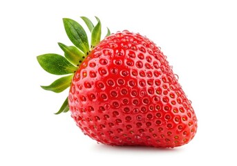 Strawberry fruit red fresh ripe juicy sweet healthy isolated white background. Delicious strawberry with green leaf isolated white background