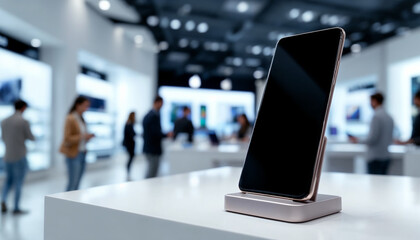 Close-up of luxury smartphone on elegant stand in sleek, bright tech store.
