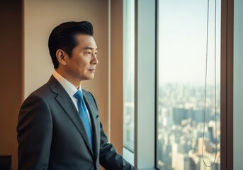 Businessman suit blue tie office window cityscape professional confident Asian modern