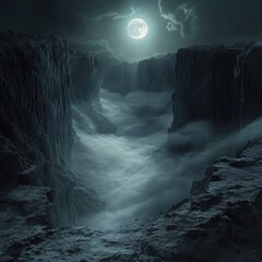 Misty moonlit canyon, dramatic cliffs