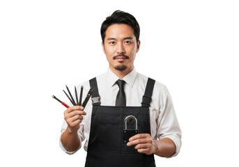 Locksmith man black apron white shirt tie lock pick tool padlock confident Asian isolated white background