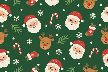 Cute Christmas pattern with Santa Claus, reindeer, candy canes, stockings, snowflakes, pine leaves on green background. Perfect for festive designs.