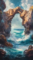 Dramatic coastal archway.  Waves crash against rocky shore, framing a natural archway.  Sunlight illuminates the scene