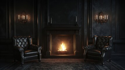 Fototapeta premium Dark Luxury Living Room with Fireplace.