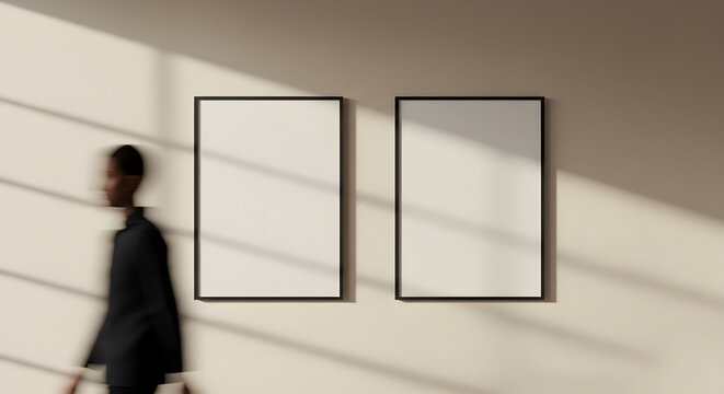 Modern minimalist interior design mockup two blank frames on wall stylish home decor apartment neutral tones elegant style simple background wall art poster frame mockup template