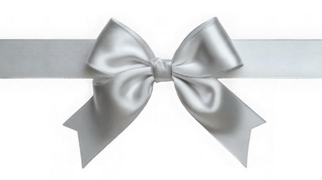 A shiny silver satin ribbon bow is tied, creating a decorative element for a gift or celebration isolated on transparent background