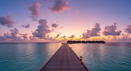 Sunset over the Maldives, overwater bungalows and a wooden pier, serene ocean view