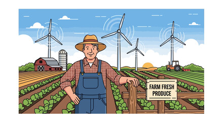 Farmer on Farmland with Wind Turbines and Farm Fresh Produce Sign