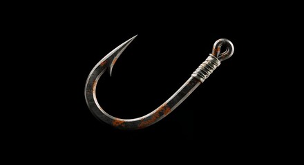 Rusty Metal Fish Hook on Black Background