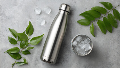Stainless steel water bottle with ice and green leaves, a fresh and ecofriendly way to stay hydrated, top view studio shot