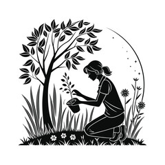 A detailed black and white vector illustration of a woman kneeling on the ground beside a potted plant. 