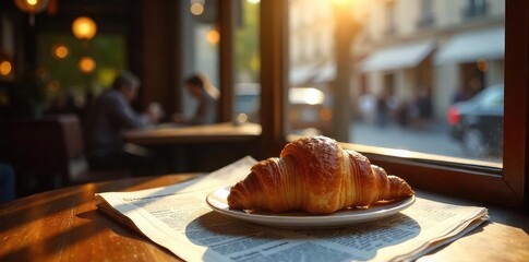 Parisian Cafe Sunlight Croissant, Newspaper, Idyllic French Breakfast Scene