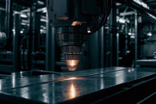 Industrial laser cutting metal with vibrant sparks flying, showcasing engineering precision and high-energy manufacturing technology in a modern factory