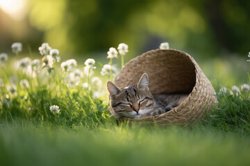 A cat is resting in a wicker basket outdoors, in the green grass.