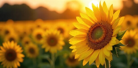 Obraz premium Close-up of a sunflower field at sunset, glistening with dew, creating a sparkling effect The golden petals catch the light beautifully, evoking a feeling of warmth and joy , yellow, sunflowers