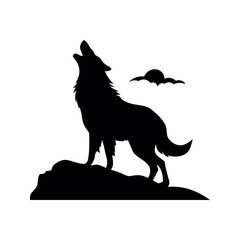 Black wolf howling at moon on rocky outcrop night silhouette