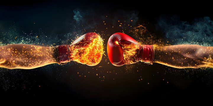 Boxing gloves colliding the fight with fire, Boxing gloves colliding the fight with fire