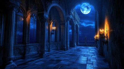 Fototapeta premium Moonlit Gothic Palace Corridor.