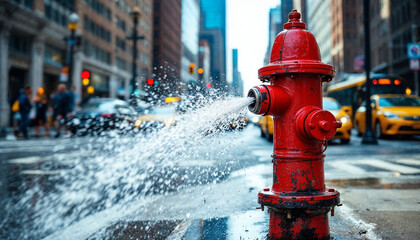 Red hydrant sprays water on NYC street, taxis and skyscrapers behind.
