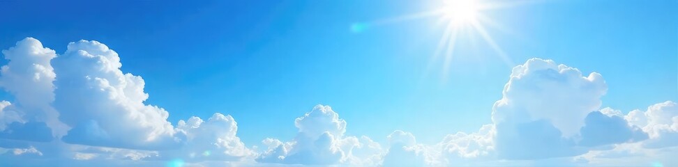 Vast expanse of clear blue sky, fluffy white clouds scattered across, sun shining brightly, idyllic summer scene, peaceful serenity , cloudscape, above