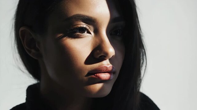 Artistic beauty portrait of a serene young woman with sunlight creating a dramatic shadow across her face against a white wall