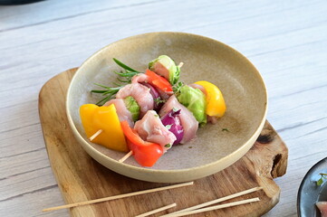 Grilled Chicken Skewer with Vegetables on Frying Pan at Home Kitchen with Induction Stove
