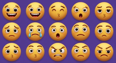 Collection of Diverse Emoji Faces Showing Emotions on Purple Background