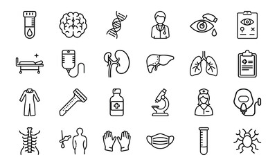 Medical and Healthcare Line Icon Set – Hospital Tools, Doctor Symbols, Human Organs, Virus, Mask, Injection, and Test Equipment Vectors

