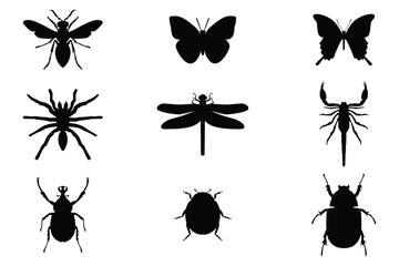 flat insect- set collection pack bundle black shape icon silhouette vector flat illustration design on white background