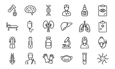 Medical and Healthcare Line Icon Set – Hospital Tools, Doctor Symbols, Human Organs, Virus, Mask, Injection, and Test Equipment Vectors

