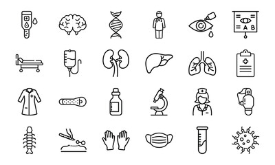 Medical and Healthcare Line Icon Set – Hospital Tools, Doctor Symbols, Human Organs, Virus, Mask, Injection, and Test Equipment Vectors

