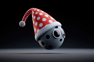 A round, grey object wearing a red polka-dot Santa hat