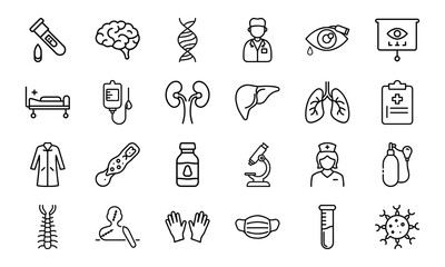 Medical and Healthcare Line Icon Set – Hospital Tools, Doctor Symbols, Human Organs, Virus, Mask, Injection, and Test Equipment Vectors

