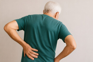 Elderly man seen from behind, holding his lower back due to discomfort or pain.