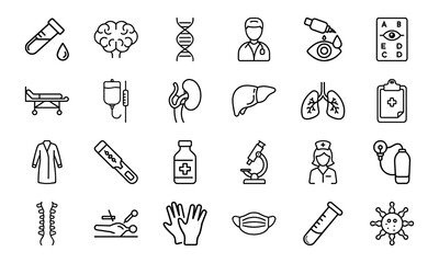 Medical and Healthcare Line Icon Set – Hospital Tools, Doctor Symbols, Human Organs, Virus, Mask, Injection, and Test Equipment Vectors

