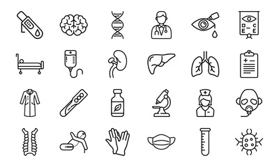 Medical and Healthcare Line Icon Set &ndash; Hospital Tools, Doctor Symbols, Human Organs, Virus, Mask, Injection, and Test Equipment Vectors

