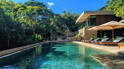  tropical island illustration with soft gradients and lush greenery in a dreamy digital style