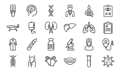 Medical and Healthcare Line Icon Set – Hospital Tools, Doctor Symbols, Human Organs, Virus, Mask, Injection, and Test Equipment Vectors

