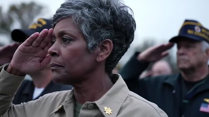 Solemn Respect: A poignant portrait of a distinguished woman saluting during a ceremony, her expression a testament to honor and respect, evoking themes of service and remembrance.