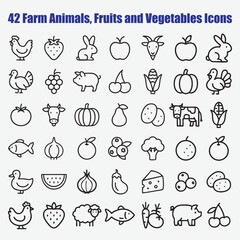 Farm animals fruits vegetables icons chicken strawberry