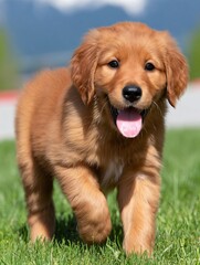 A golden retriever puppy walking on green grass with its tongue out. Cute young dog outdoor. Pet care concept.
