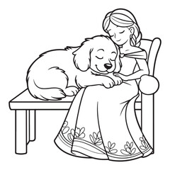 Woman sitting with her dog on a bench black and white art colouring page
