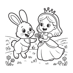 A princess with a bunny and flowers in a coloring page art colouring page