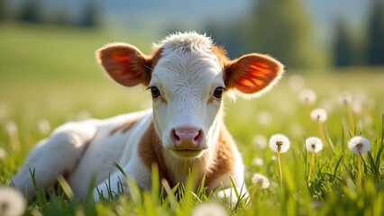 Fototapeta premium Close-Up of White and Brown Calf in Green Field with Dandelions on Sunny Day