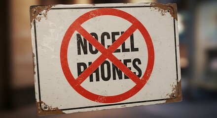No Cell Phones Sign Rusted Metal Warning Sign with Red Circle and Cross