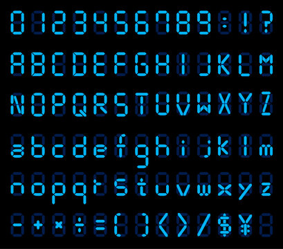 デジタル文字と数字。液晶モニターにアルファベット。時計の文字。黒の背景にデジタルのフォント。