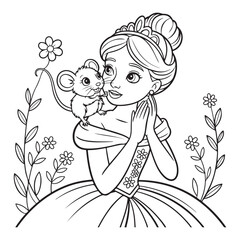 Princess with a mouse on her shoulder coloring page art colouring page